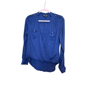White‎ House Black Market Navy Blue Long Sleeve Faux Wrap Blouse Top